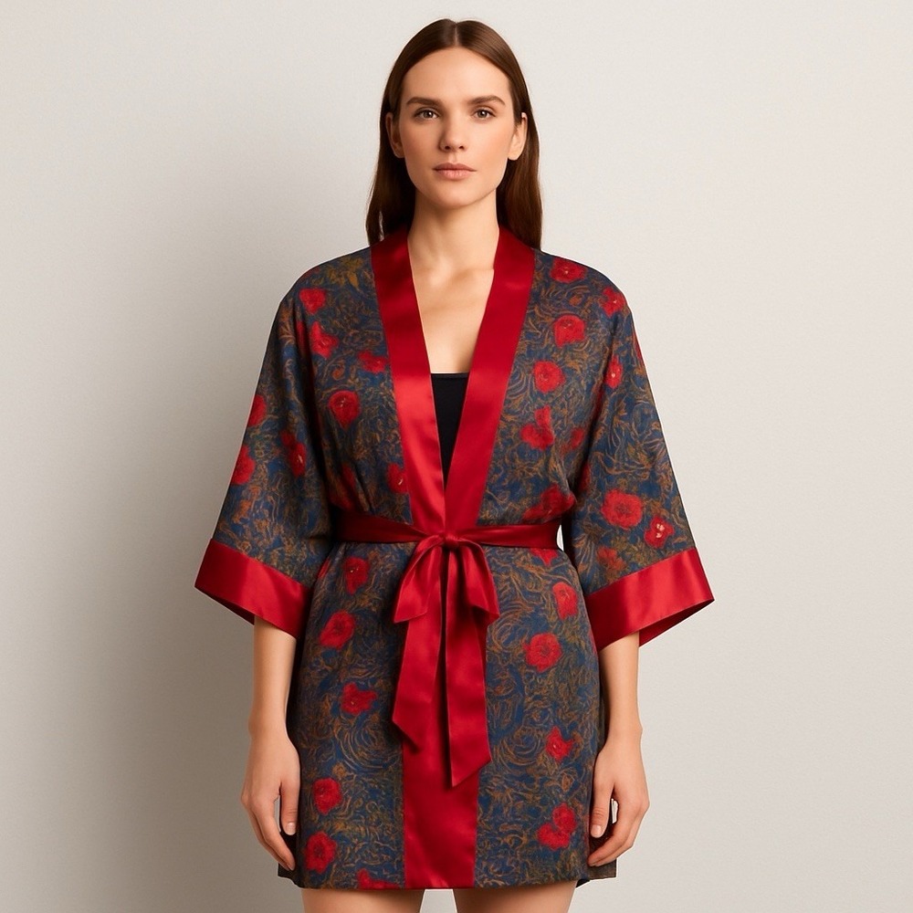 Vintage Victoria's Secret Gold Label Satin Kimono Robe Floral Paisley Boudoir